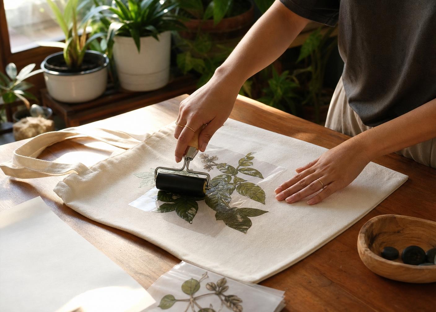 Maker pressing a botanical vinyl design onto a canvas tote bag